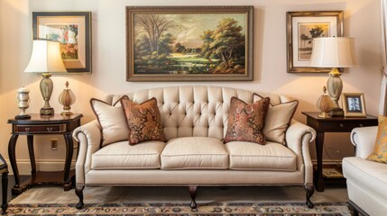 Fototapeta premium Vintage living room with a comfortable couch, stylish lamps, and framed artwork
