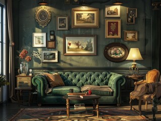 Vintage living room with a cozy atmosphere, stylish lamps, and framed artwork