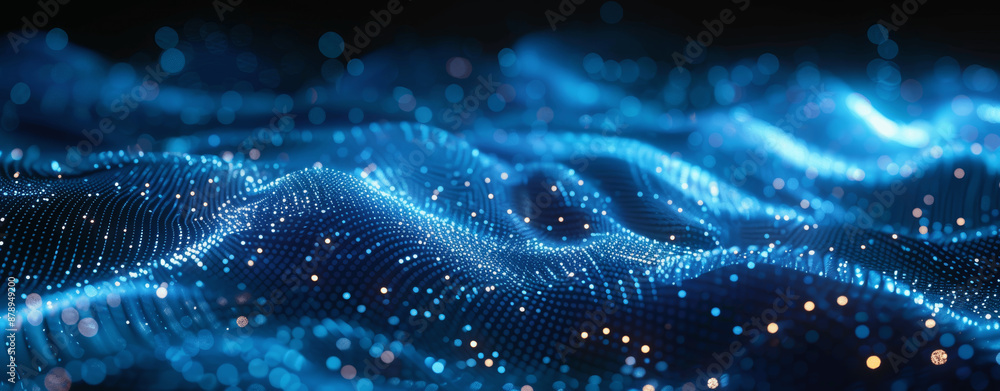 Poster abstract blue digital wave background with glowing particles and dots in futuristic data technology 