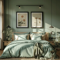 Modern Bedroom with Green and Beige Color Scheme and Two Poster Frames Above Bed
