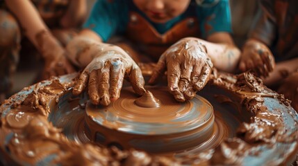 Close-up of kids’ hands shaping clay on a pottery wheel, art and craft