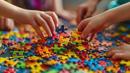 Hands of kids assembling a jigsaw puzzle, problem-solving and teamwork