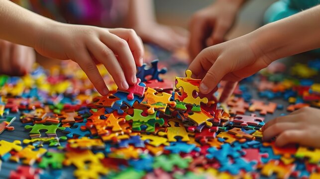 Hands of kids assembling a jigsaw puzzle, problem-solving and teamwork