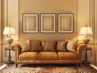 Vintage living room with stylish lamps, framed artwork, and warm lighting