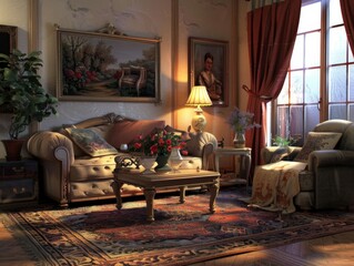 Fototapeta premium Warm living room with vintage decor and soft lighting