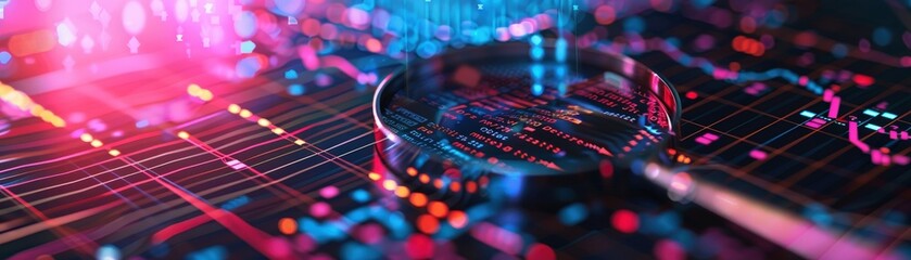 Obraz premium Magnifying glass focusing on digital data with a vibrant, high-tech background featuring colorful lights and graphs.