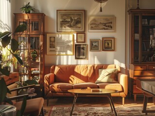 Warm living room with vintage furniture, cozy vibes, and framed pictures