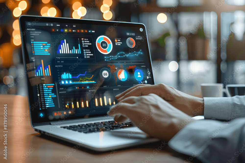 Poster business analyst uses technology for data analysis and management with kpis and metrics for finance 