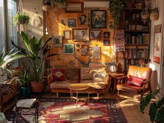 Warm living room with vintage furniture, cozy vibes, and framed pictures