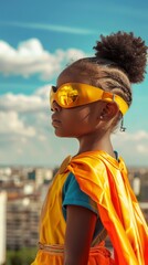 A young girl dressed in a superhero costume stands on a rooftop, looking out over a city