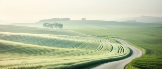 A serene, winding country road cuts through rolling, green farmland under a misty sky, showcasing the beauty of rural landscapes.