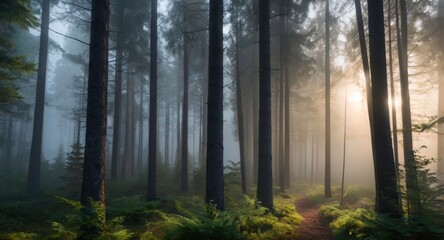 Fototapeta premium Trees in the fog. The smoke in the forest in the morning. A misty morning among the trees. 3D rendering