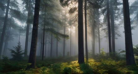 Fototapeta premium Trees in the fog. The smoke in the forest in the morning. A misty morning among the trees. 3D rendering