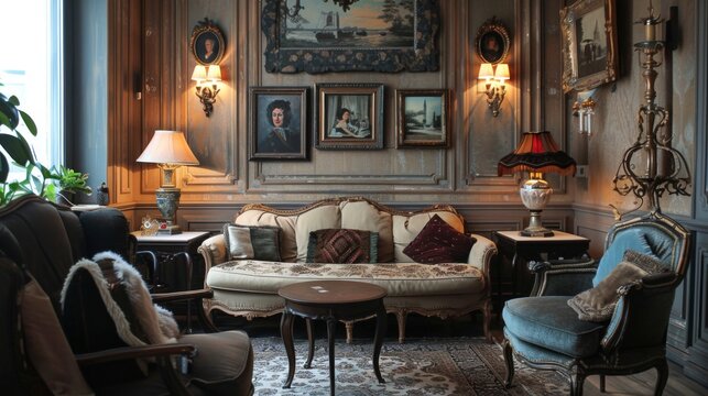 Warmlylit living room with vintage decor, framed pictures, and stylish decor