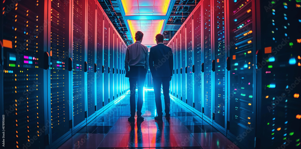 Poster modern data center with server racks, cooling systems, technicians managing digital infrastructure, 