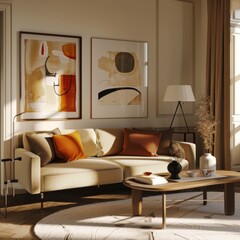 Warmlylit living room with vintage decor, a comfy couch, and framed artwork