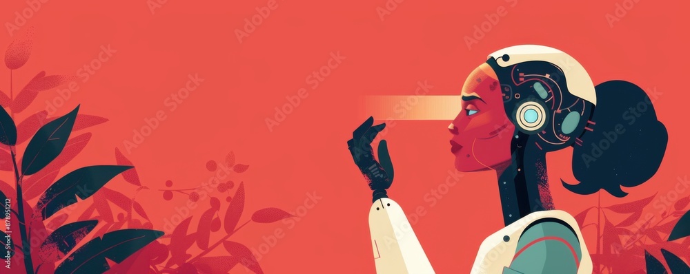 Poster human-robot interaction in flat design: illustration of robotics and ai collaboration