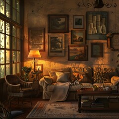 Warmlylit vintage living room with a warm atmosphere and framed pictures