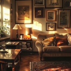 Warmlylit vintage living room with a warm atmosphere and framed pictures
