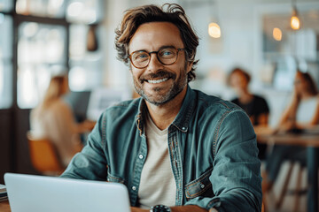 Obraz premium Smiling Entrepreneur Working on Laptop in Modern Office with Team