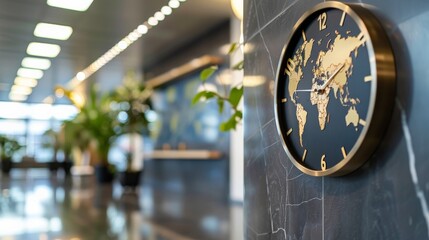 Calendar with international time zones displayed in a global company's lobby