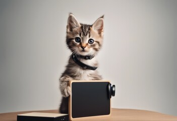 empty olated board white adset kitten phone peeking call center pet animal domestic cat earphones support up high baby background banner behind blank card cardboard care concept