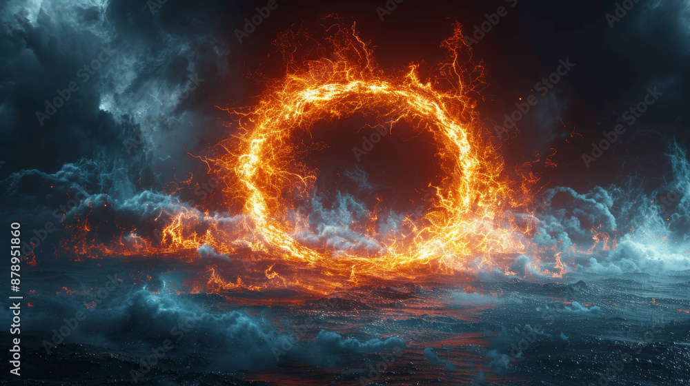 Poster red abstract plasma lightning circle background with fire element and swirling glow particles visual