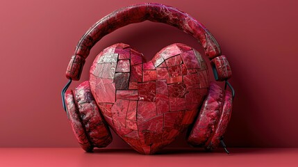 Red heart with headphones. love for music, romance, Valentine's Day concept.