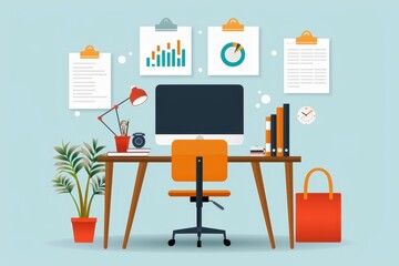 Illustration of an organized home office workspace with a computer, charts, and office supplies, symbolizing productivity and efficiency in a professional environment.