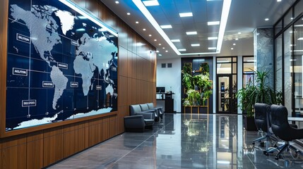 Calendar with international time zones displayed in a global company's lobby