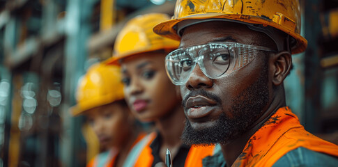 Fototapeta premium Black Male Workers Collaborating on Industrial Project with Blueprints and Notes in Factory
