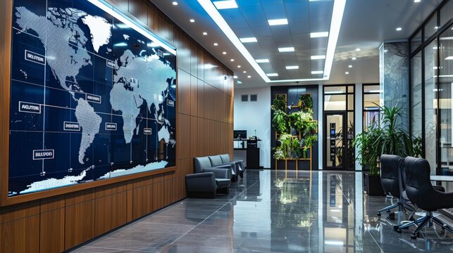 Calendar with international time zones displayed in a global company's lobby