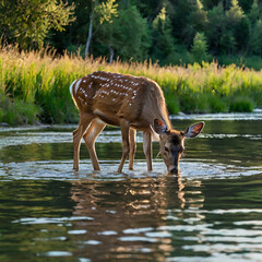 The deer is drinking water in the river ai photo