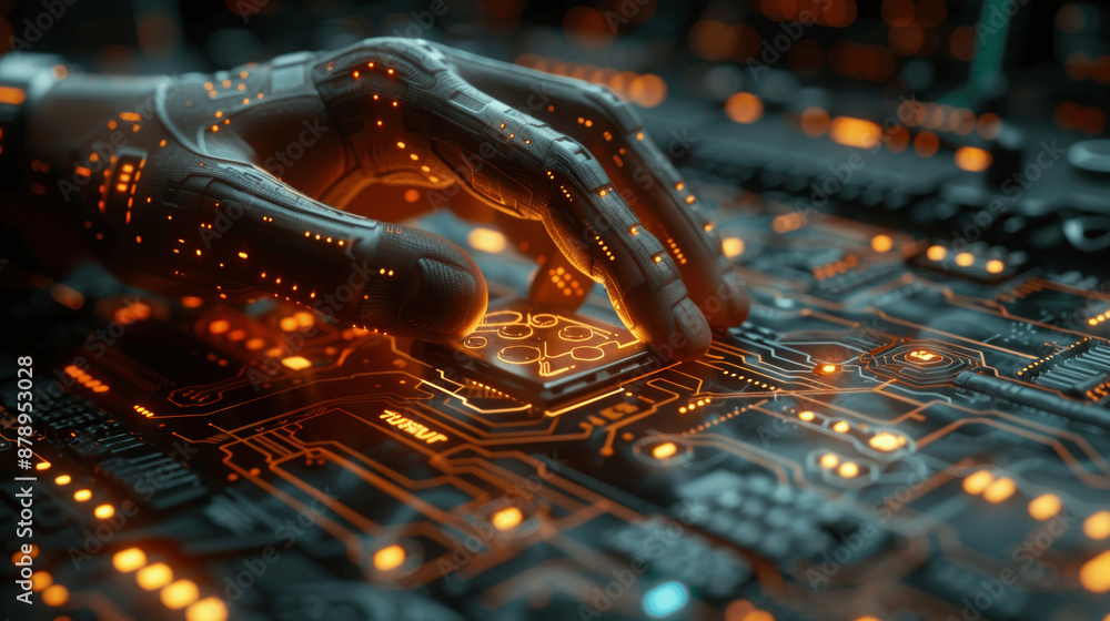 Poster ai circuit board icon businessman touching innovative technology future of machine learning cyberpun