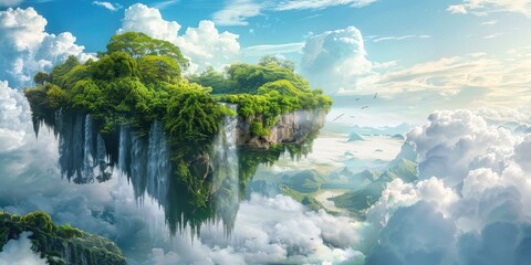 Images featuring fantastical floating islands in the sky with lush greenery and waterfalls