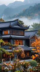 In the evening, wooden palaces in the mountainous areas