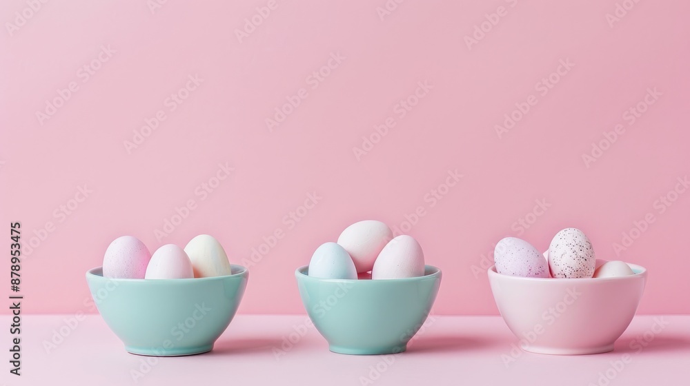 Poster easter card with tiny eggs in three bowls on pink background with space for text