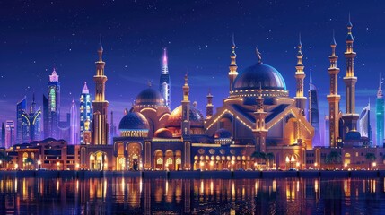 Fototapeta premium Nighttime Cityscape with Illuminated Mosques and Skyscrapers