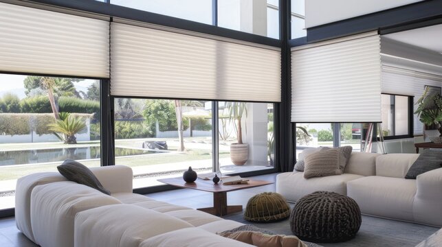 Modern interior window with energy-efficient cellular shades, featuring honeycomb design for superior thermal insulation and light control in a stylish home setting.