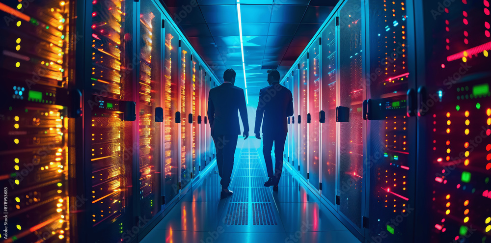 Poster businessmen in a high-tech data center managing servers and digital infrastructure with advanced coo