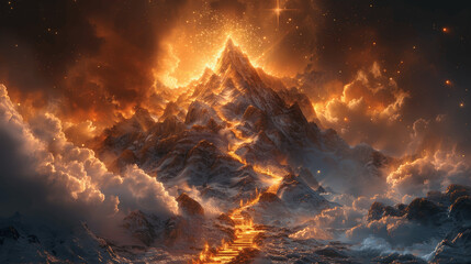 Fototapeta premium Journey to Golden Summit with Glowing Stairs and Bright Star in Fantasy World