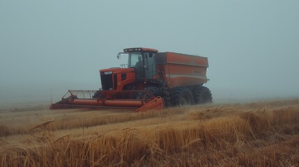 Obraz premium Agricultural machine harvesting wheat in a foggy field, showcasing modern farming techniques in a misty, autumn landscape.