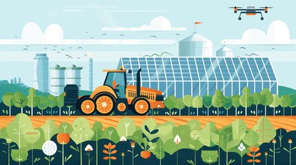 Modern agriculture featuring a tractor, greenhouse, and drone technology in a lush, vibrant farm landscape on a sunny day.