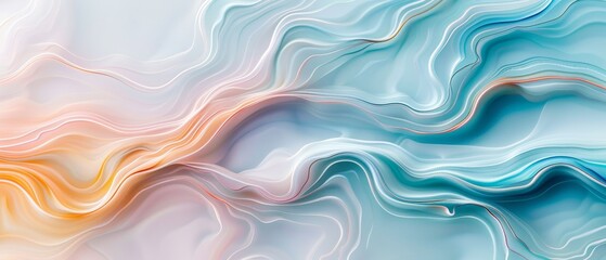 Obraz premium Abstract fluid art with soft pastel colors creating a marble effect in blue and peach hues. Perfect for backgrounds and digital projects.