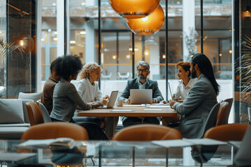 Diverse group of professionals brainstorming creative ideas in an office meeting for project planning and collaboration