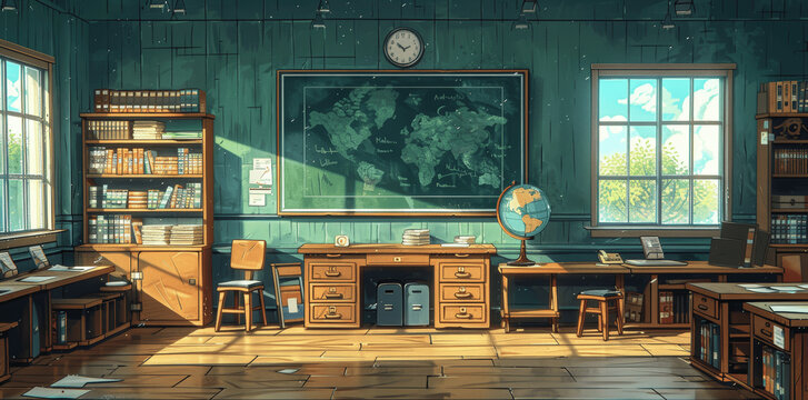 school classroom illustration with blackboard, desk, globe, cartoon style, 2D game art, green palette, warm lighting, high detail, high quality