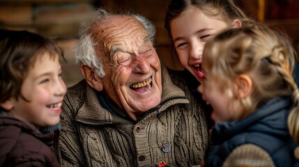 An ultra-sharp photograph of a grandfather enjoying a hearty laugh while telling a story to his grandchildren, the warmth and joy evident in every detail of the scene