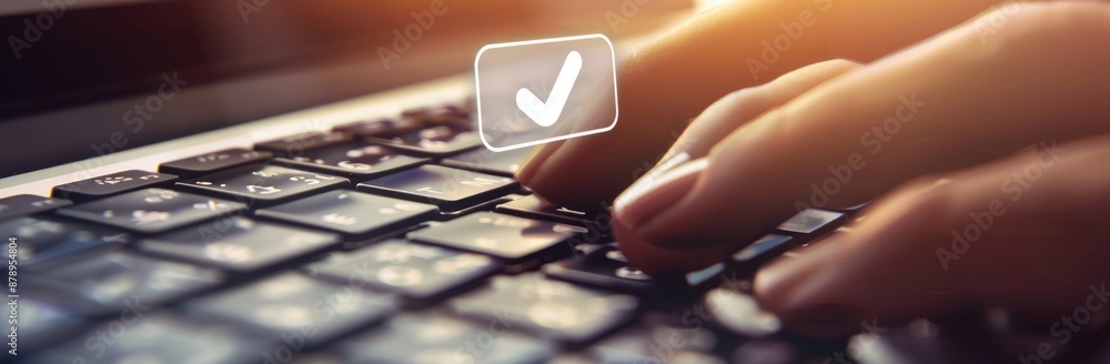 Poster hands typing on a laptop keyboard with a search icon overlay, symbolizing modern technology and inte