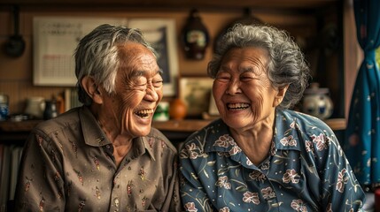 An ultra-sharp and clear photograph of a diverse elderly couple, a grandfather and grandmother, laughing together in their living room, every wrinkle and joyful expression perfectly detailed