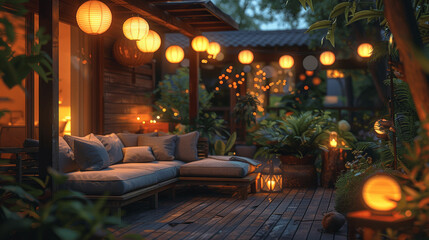 Obraz premium Elegant Summer Evening Outdoor Terrace with Lanterns and Wooden Deck in Beautiful Garden